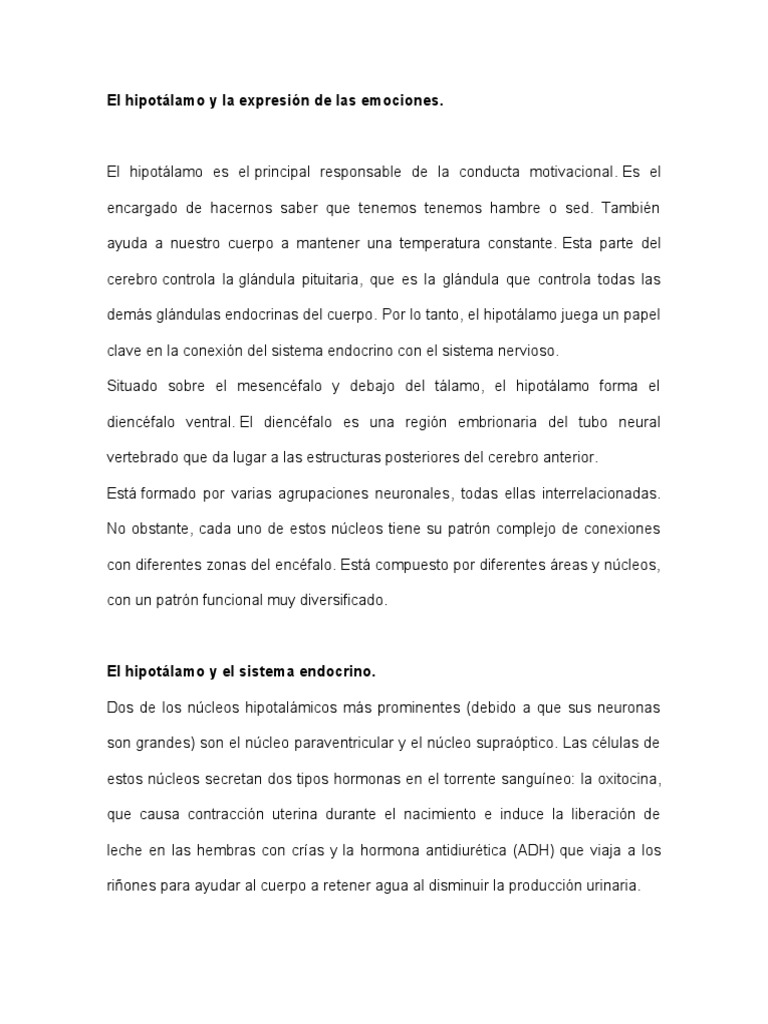 El Hipotálamo y La Expresión de Las Emociones | PDF | Hipotálamo ...