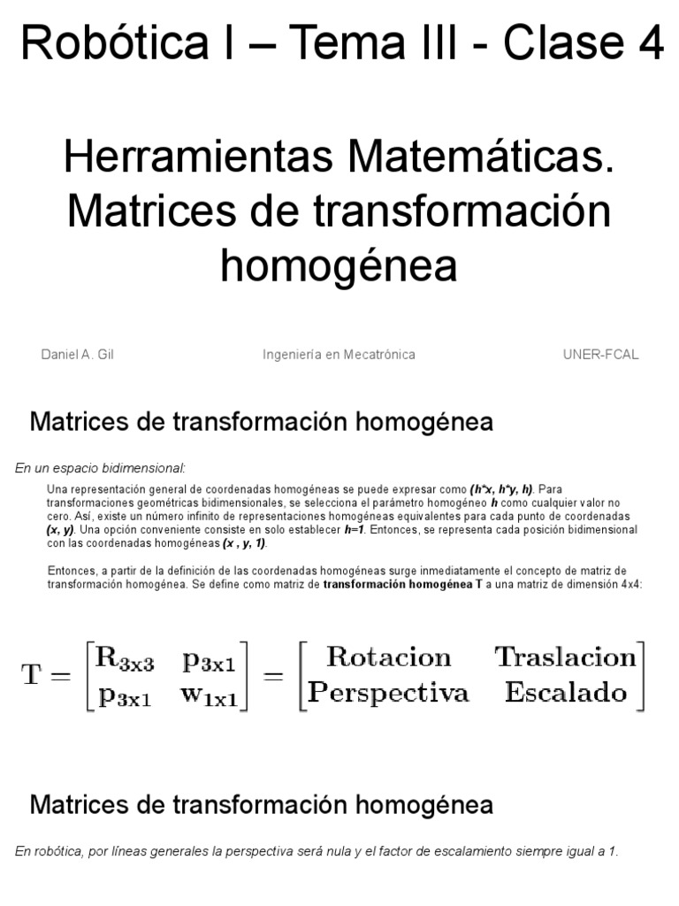 Robótica I - Tema III - Clase 4 - Matrices de Transf. Homogenea | PDF ...