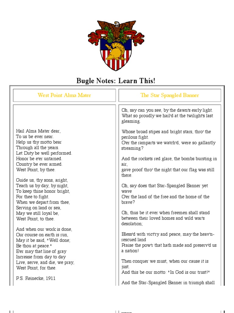 Bugle Notes Learn This! West Point Alma Mater The Star Spangled Banner