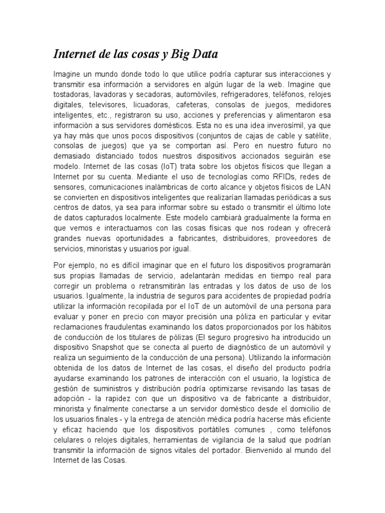 Internet de Las Cosas y Big Data | PDF | Internet de las Cosas | Big Data