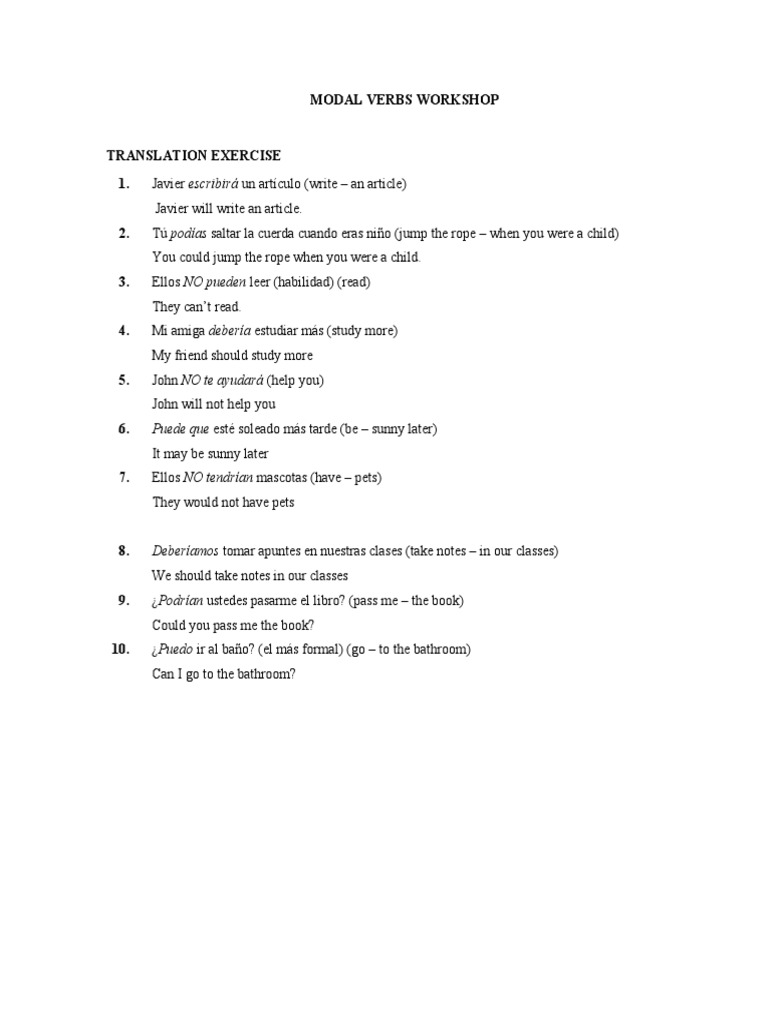 Taller de Verbos Modales en Inglés | PDF | Artes del Lenguaje y ...