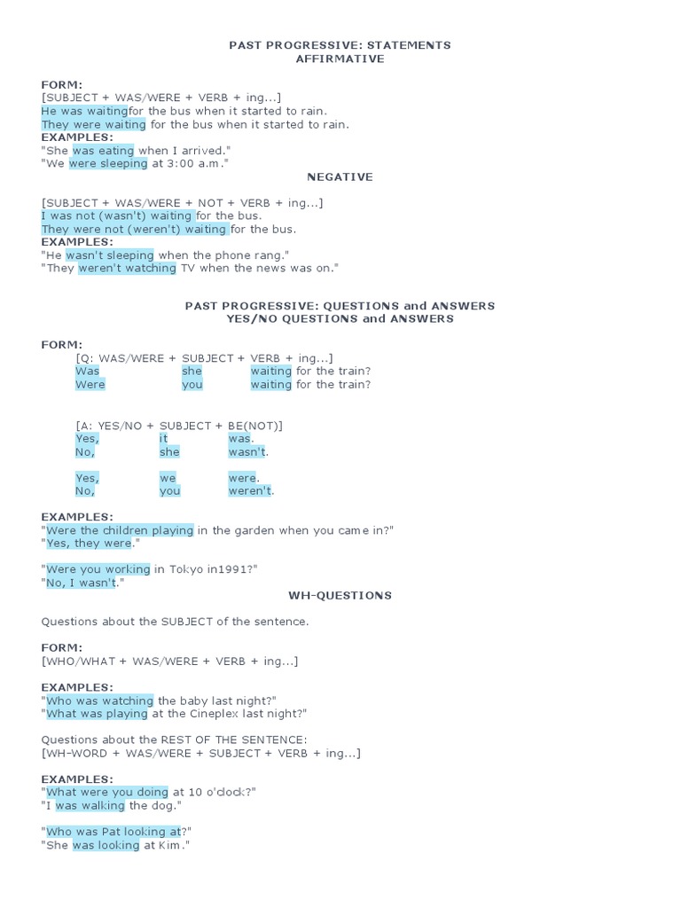 Past Progressive: Statements Affirmative Form | PDF | Question ...