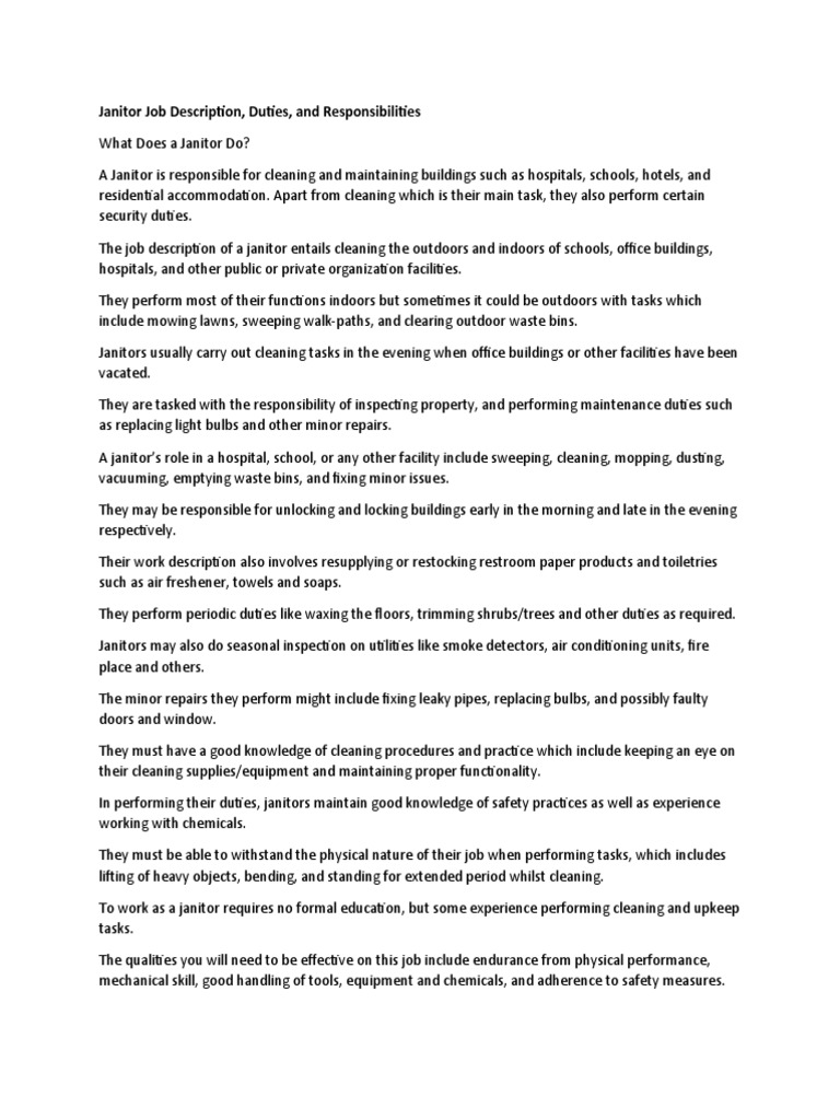 Janitor Job Description, Duties, and Responsibilities PDF Public Toilet Janitorial Service