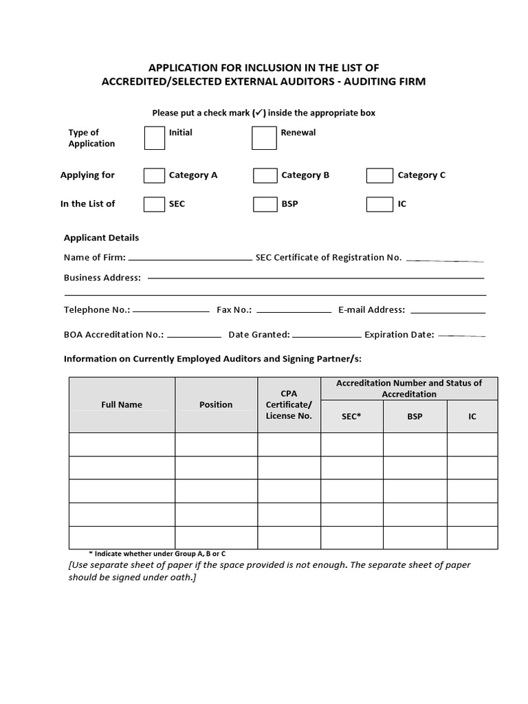 Application For Inclusion in The List of Accredited/Selected External ...
