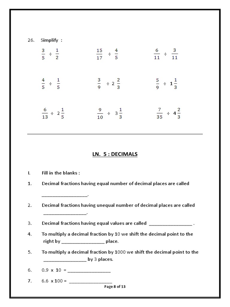 Class 5 Mathematics Worksheet - Decimals | PDF | Fraction (Mathematics