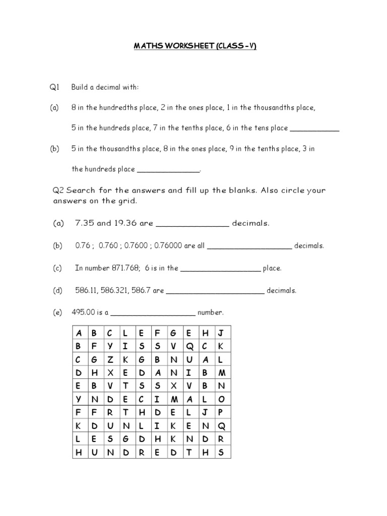 Class 5 Mathematics Worksheet - Decimals (2) N | PDF | Computers