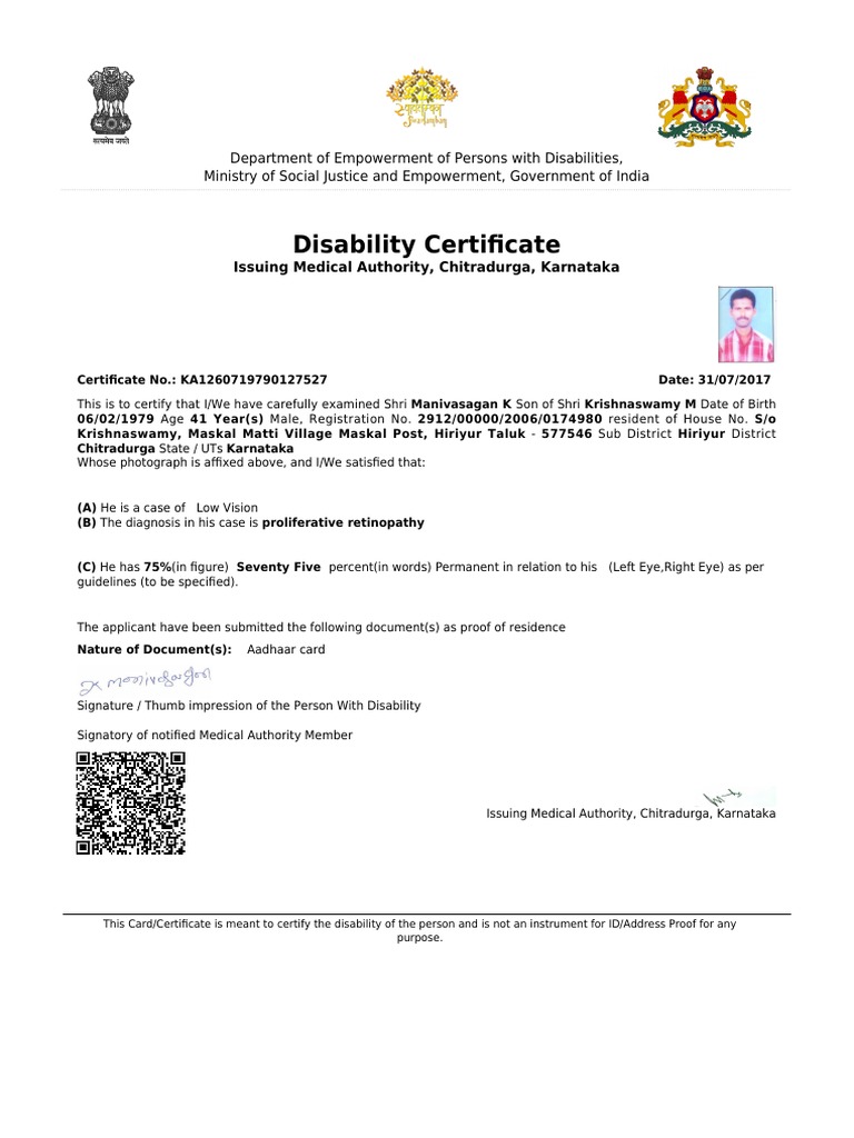 Certificate of Disability Low Vision Due to Proliferative Retinopathy