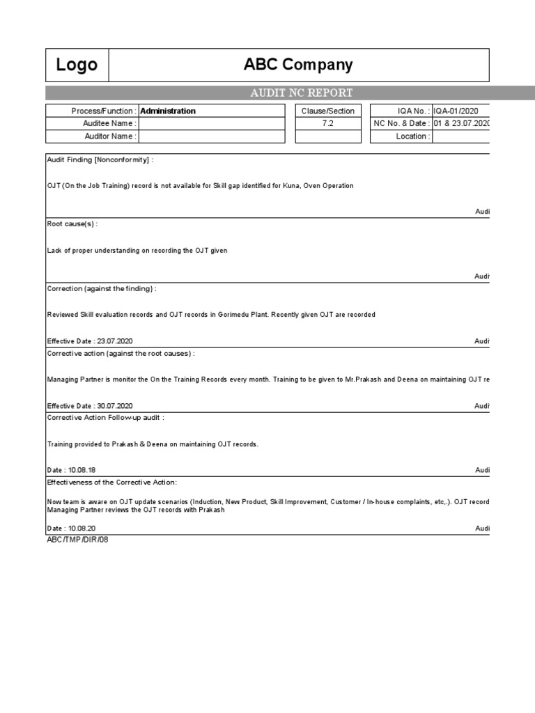 Audit NC Report: OJT Record Issues | PDF | Audit | Business Economics