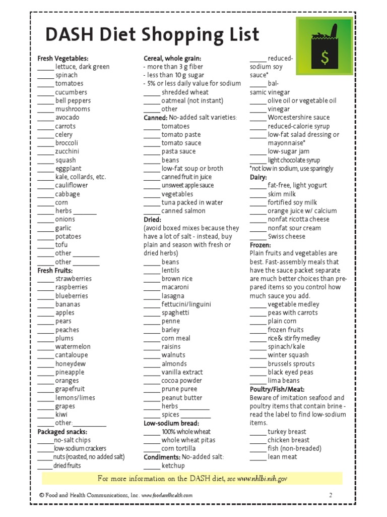 DASH Diet Shopping List: For More Information On The DASH Diet, See WWW -  Nhlbi.nih - Gov | PDF | Diet Food | Vegetables