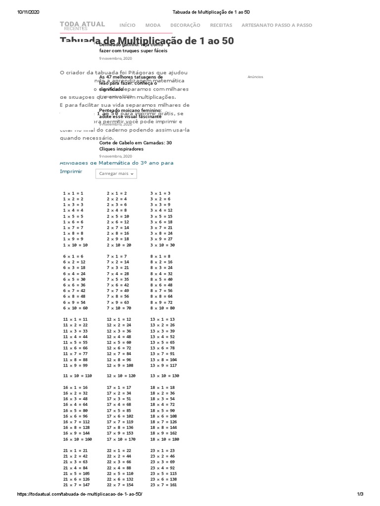 Tabuada de Multiplicação de 1 Ao 50, PDF, Aparência humana