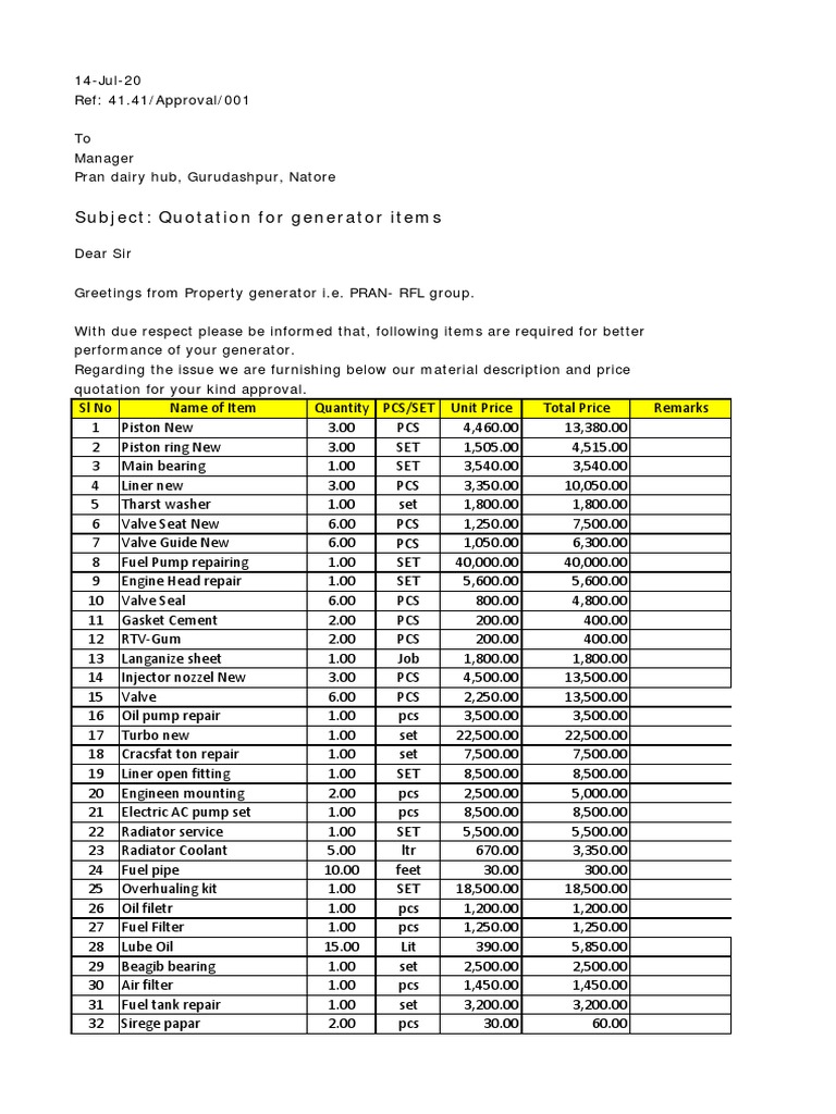 Generator Parts Quotation for Pran Hub | PDF | Engine Technology | Machines