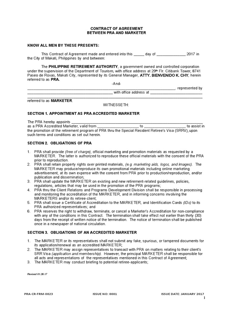 Contract of Agreement Between Pra and Marketer Know All Men by These ...