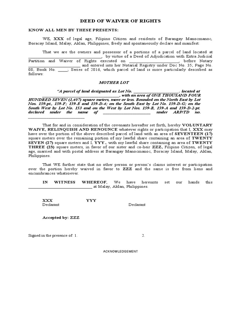 Deed of Waiver of Rights: Declarant Declarant | PDF | Law And Economics ...
