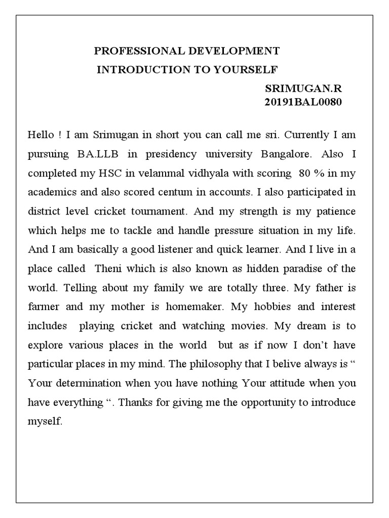 Professional Development Introduction To Yourself Srimugan.R ...