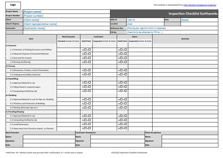 Earthworks Inspection Checklist Template | PDF | Economic Sectors ...