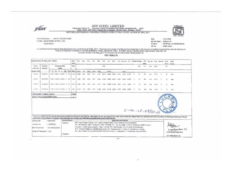 JSW Steel Test Certificate - 1 PDF | PDF