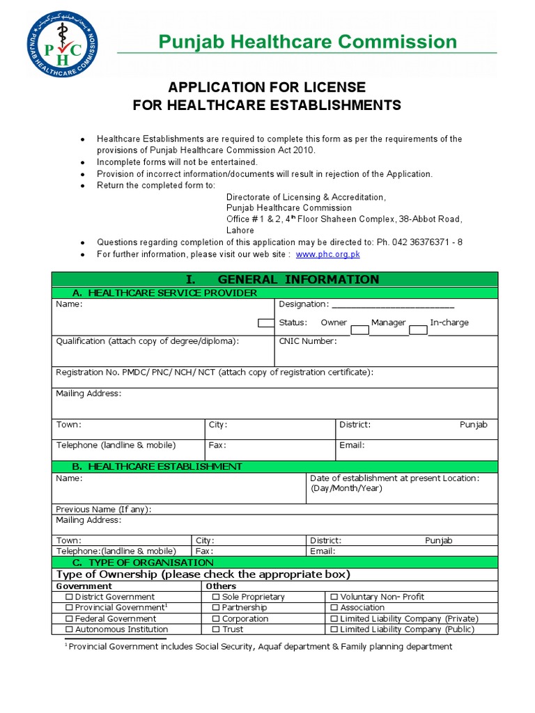 Punjab Healthcare License Application Form | PDF | Physical Therapy ...