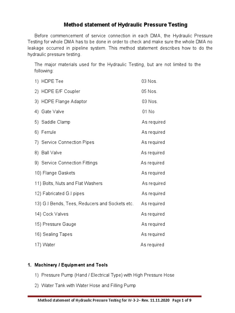 Method Statement of Hydraulic Pressure Testing 1. Machinery
