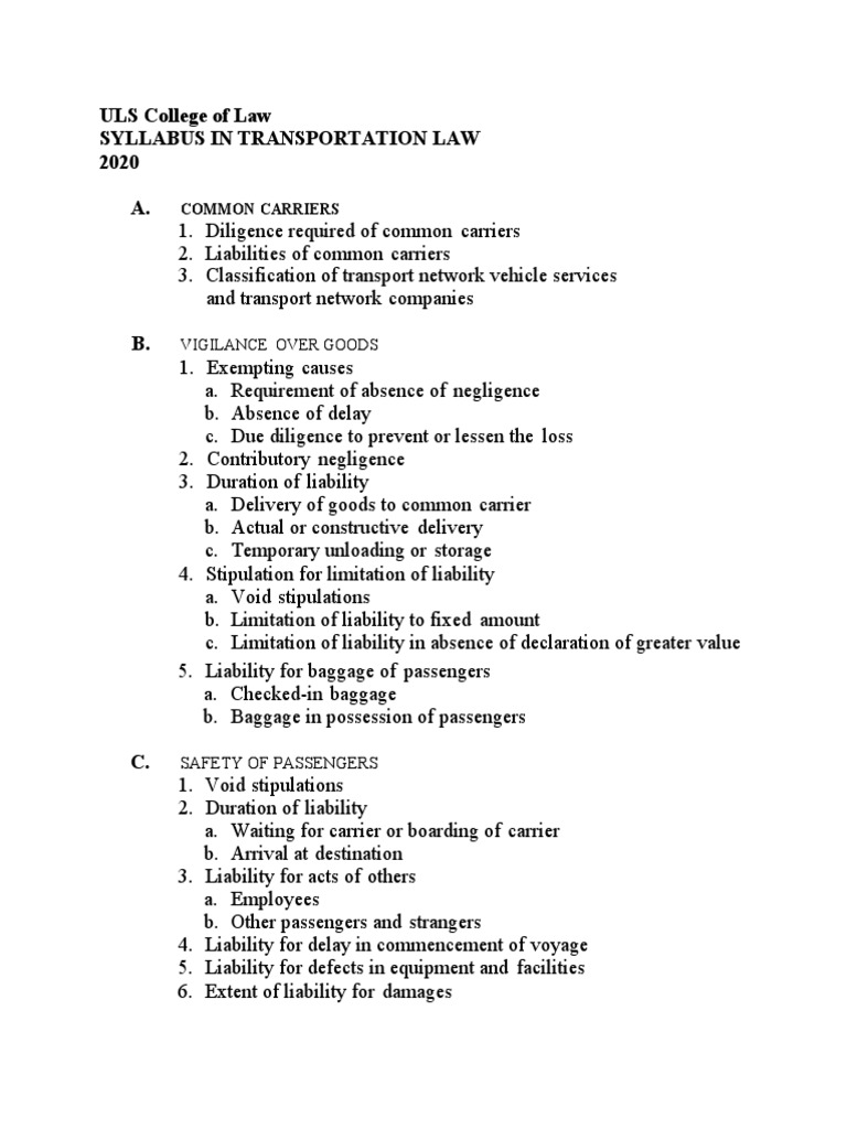 ULS College of Law Syllabus in Transportation Law 2020 A. Common