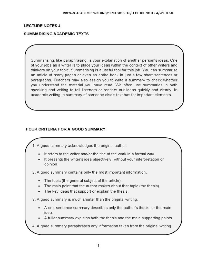 Lecture Notes 4 Summarising Academic Texts | PDF | Bottled Water | Writers