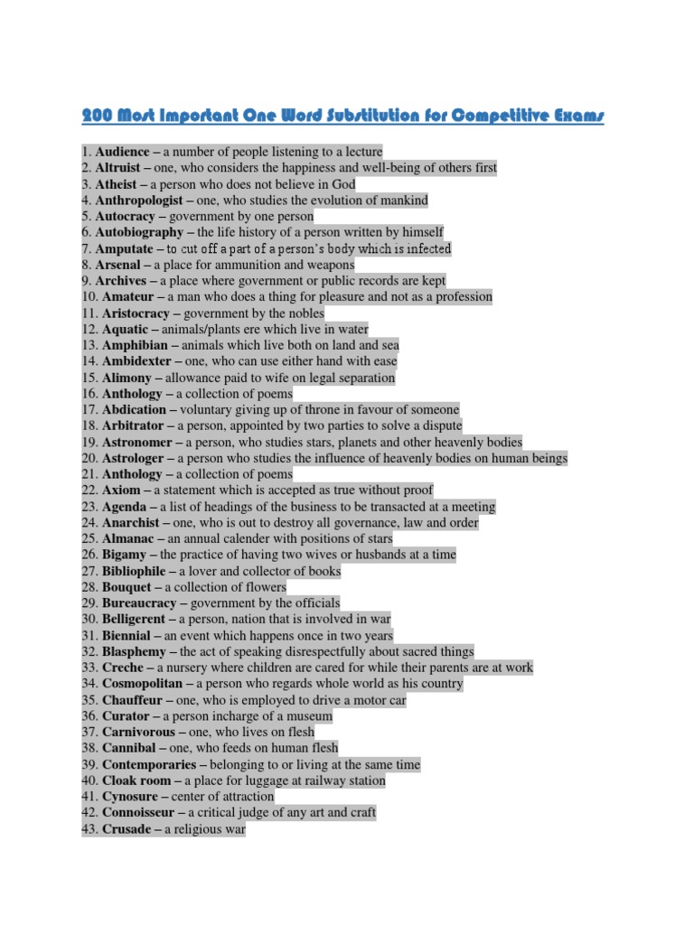 200 One Word Substitutions Pdf