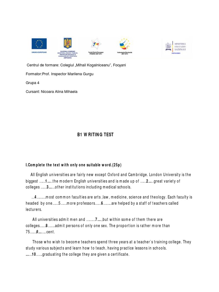 B1 Writing Test Instructions and Tasks | PDF | Behavior Modification ...
