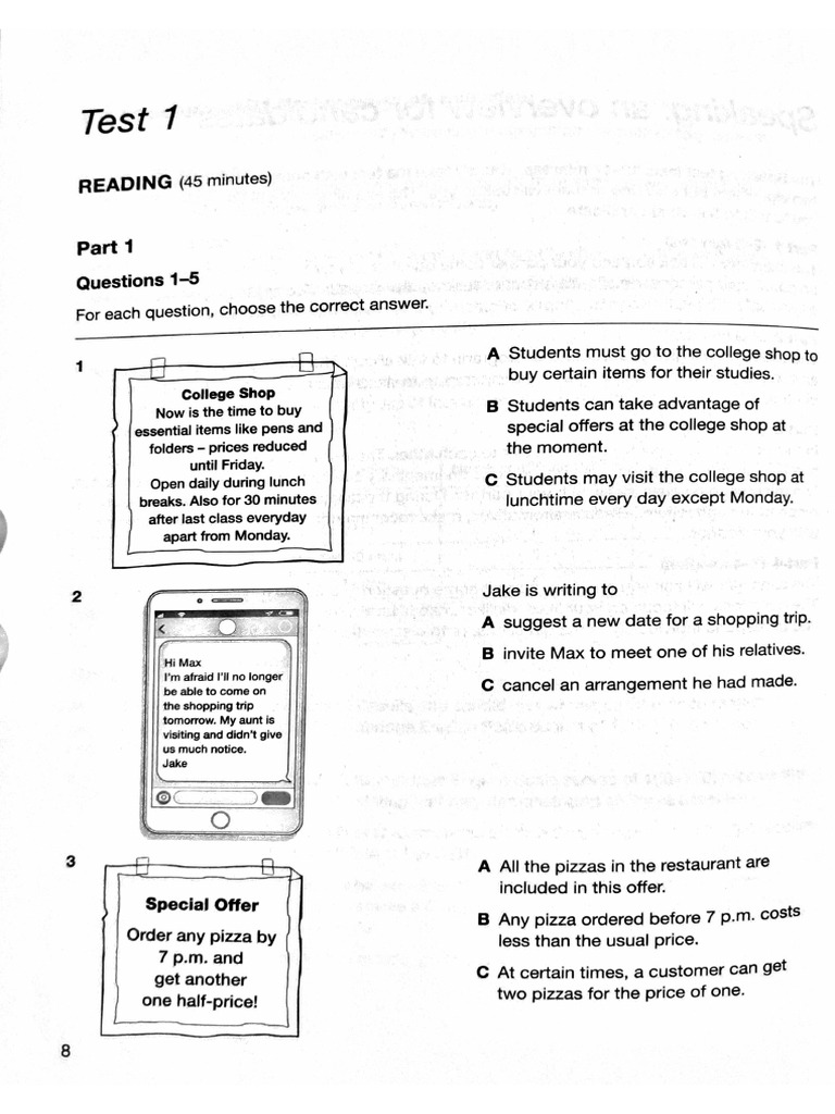 Cambridge Preliminary Tests 1 - Test 1 | PDF