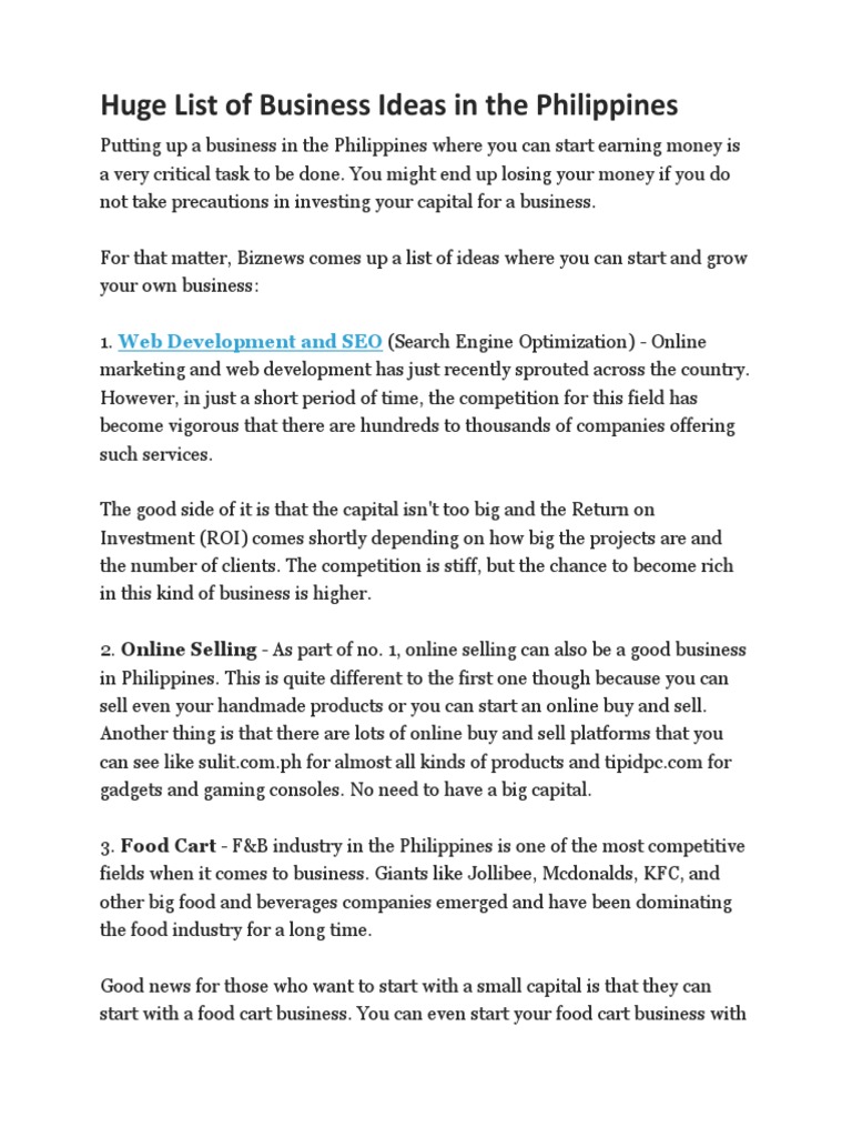 Huge List of Business Ideas in The Philippines | PDF | Retail | Outsourcing