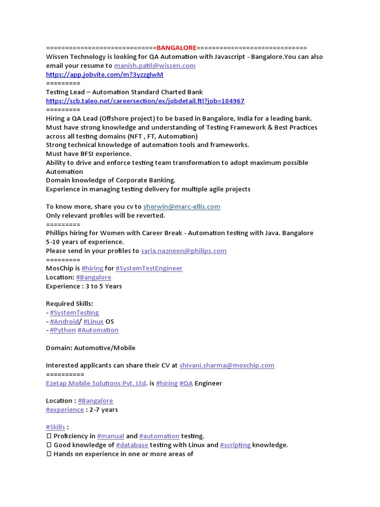 QA Automation Jobs in Bangalore | PDF | Selenium (Software) | Software ...