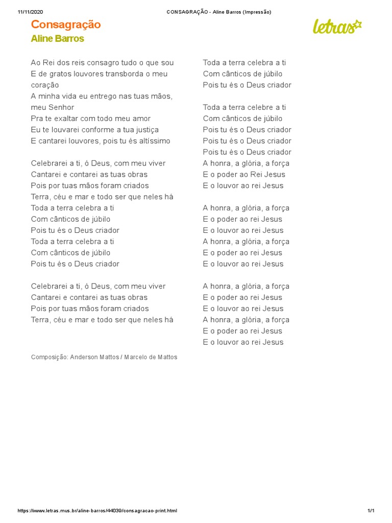 Letra do Hino Consagração - Aline Barros | PDF | Deus | Crença e ...