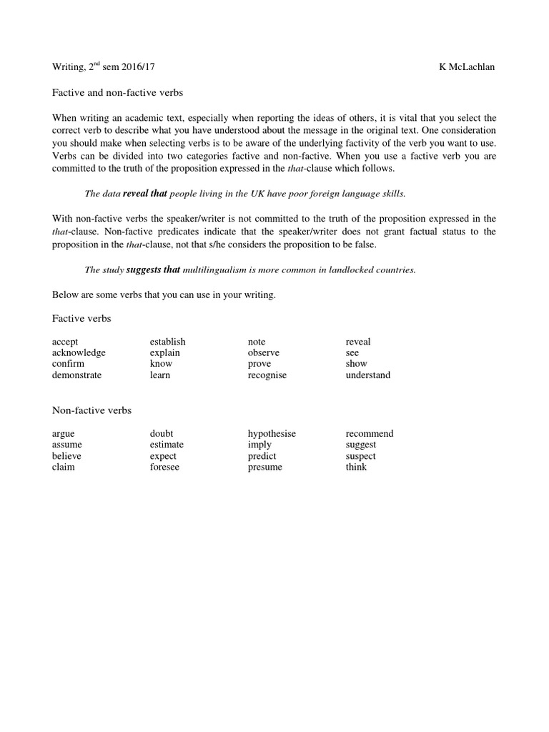 Factive vs Non-Factive Verbs Guide | PDF