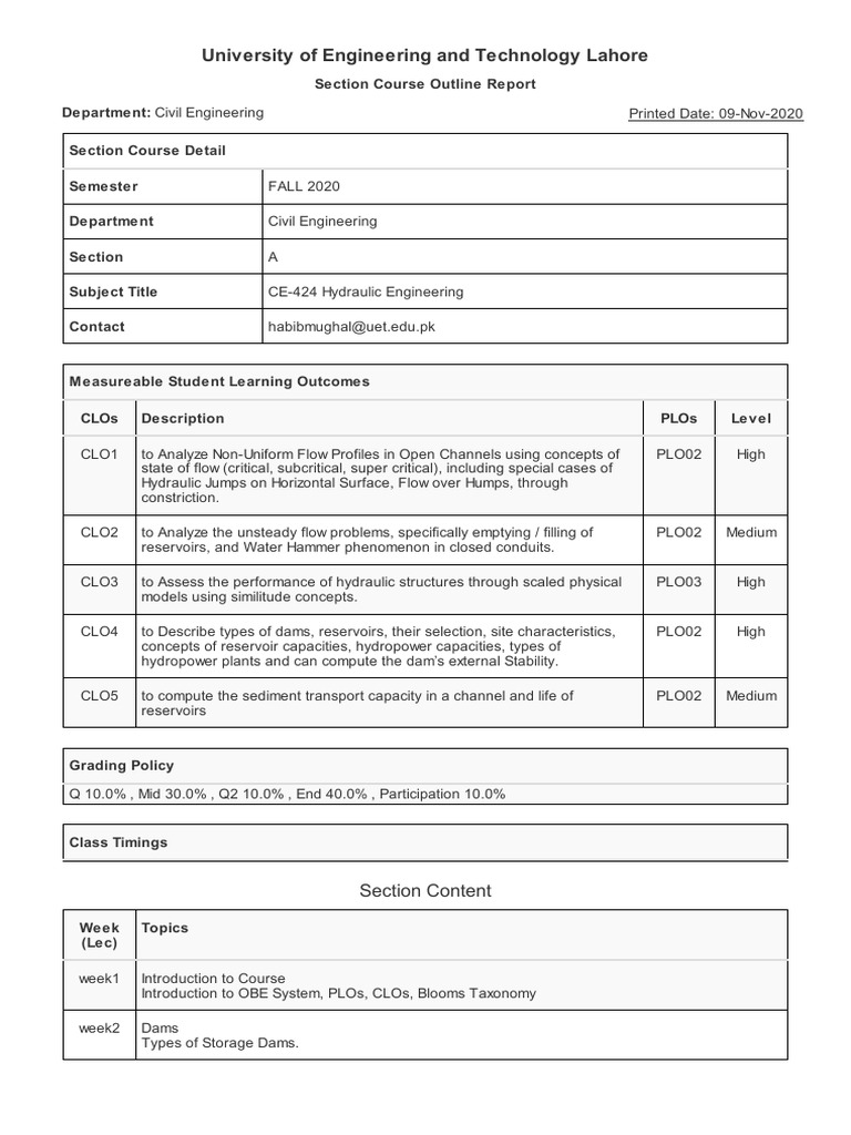 Course Outline for CE424 Hydraulic Engineering Covering NonUniform Flow, Hydraulic Structures