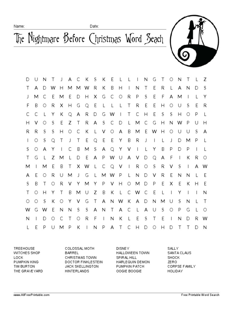 The Nightmare Before Christmas Word Seach Name Date PDF Christmas