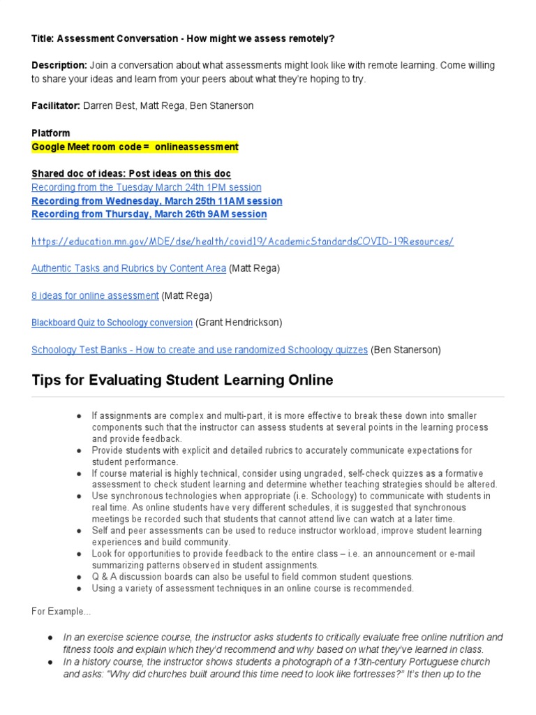 Remote Assessment Strategies Discussion | PDF | Rubric (Academic ...