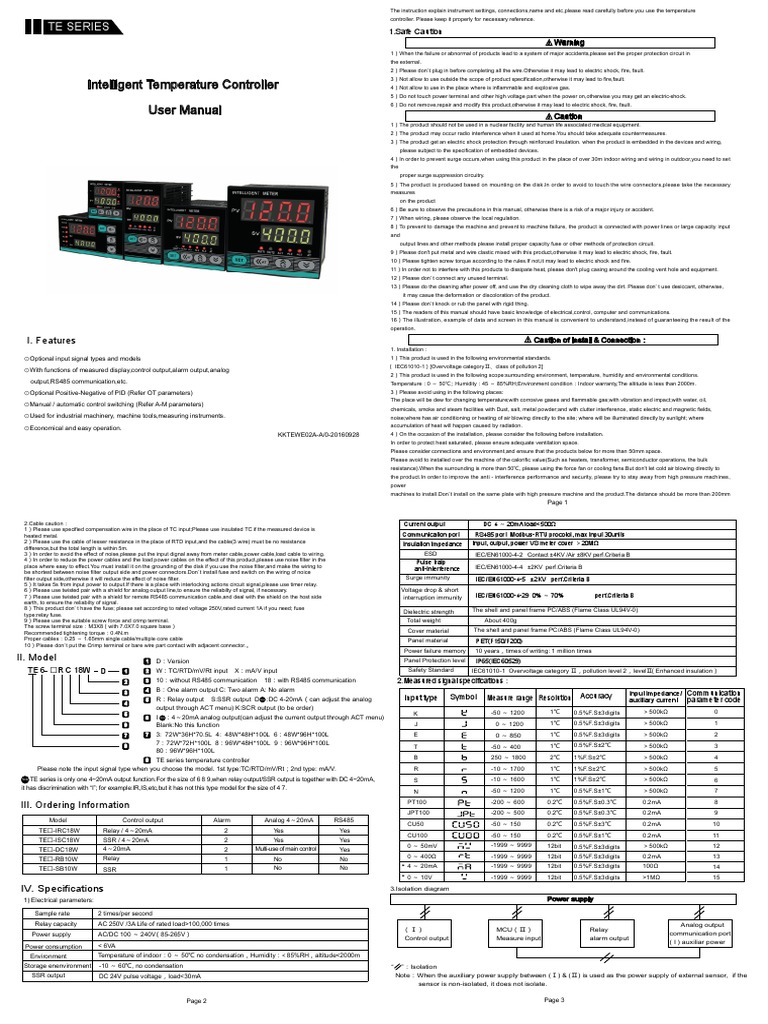 Intelligent Temperature Controller User Manual: Te Series | PDF | Power ...
