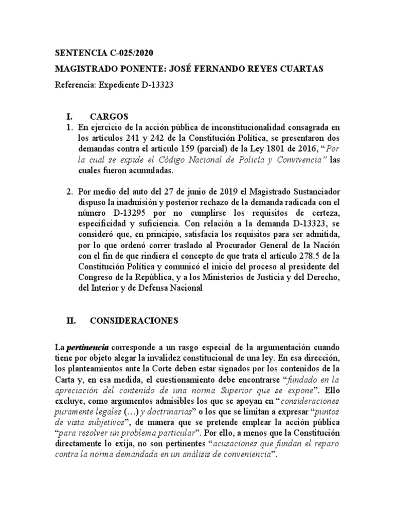 Inconstitucionalidad Ley 1801/2016: C-025/2020 | PDF | Debido al
