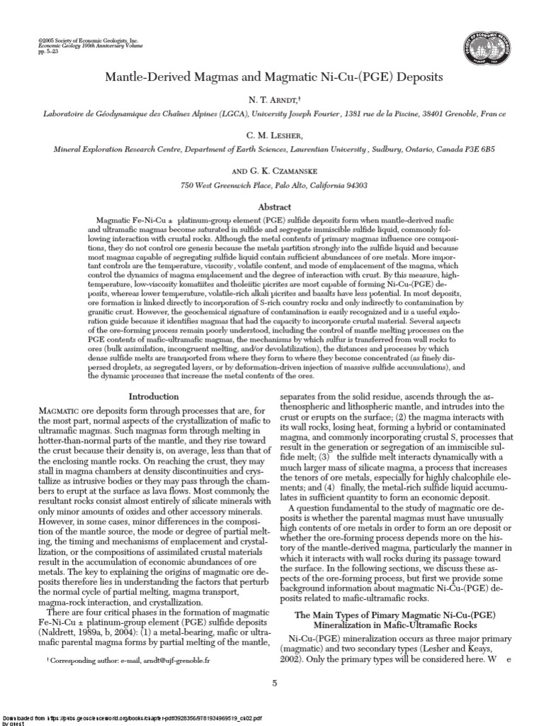 Mantle-Derived Magmas and Magmatic Ni-Cu - (PGE) Deposits | PDF | Magma ...