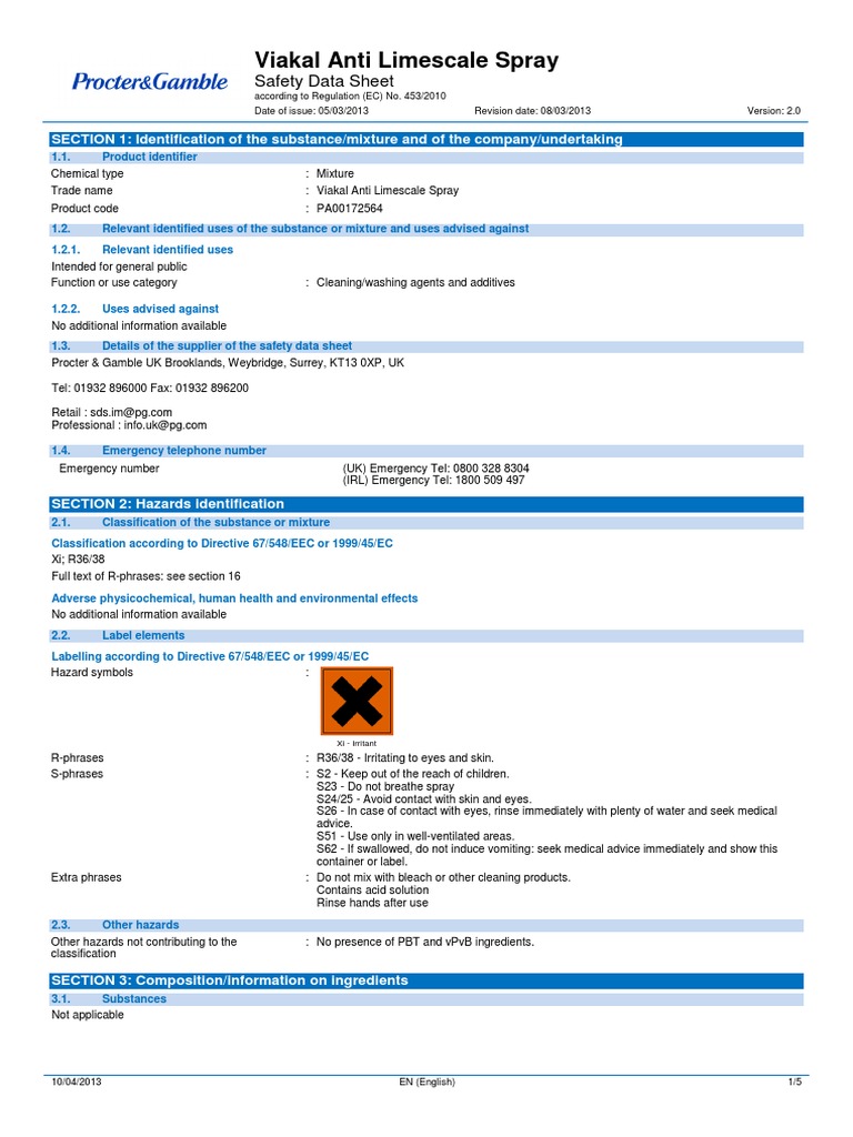 Viakal Anti Limescale Spray Safety Data Sheet PDF Toxicity Nature
