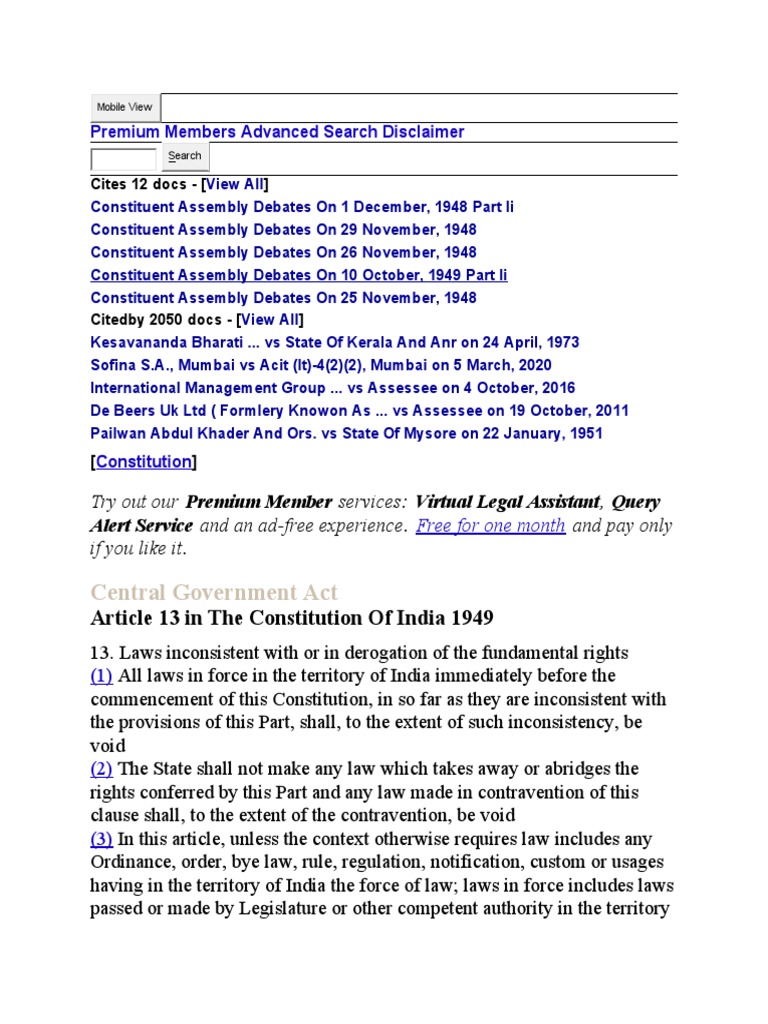 Central Government Act: Article 13 in The Constitution of India 1949 ...