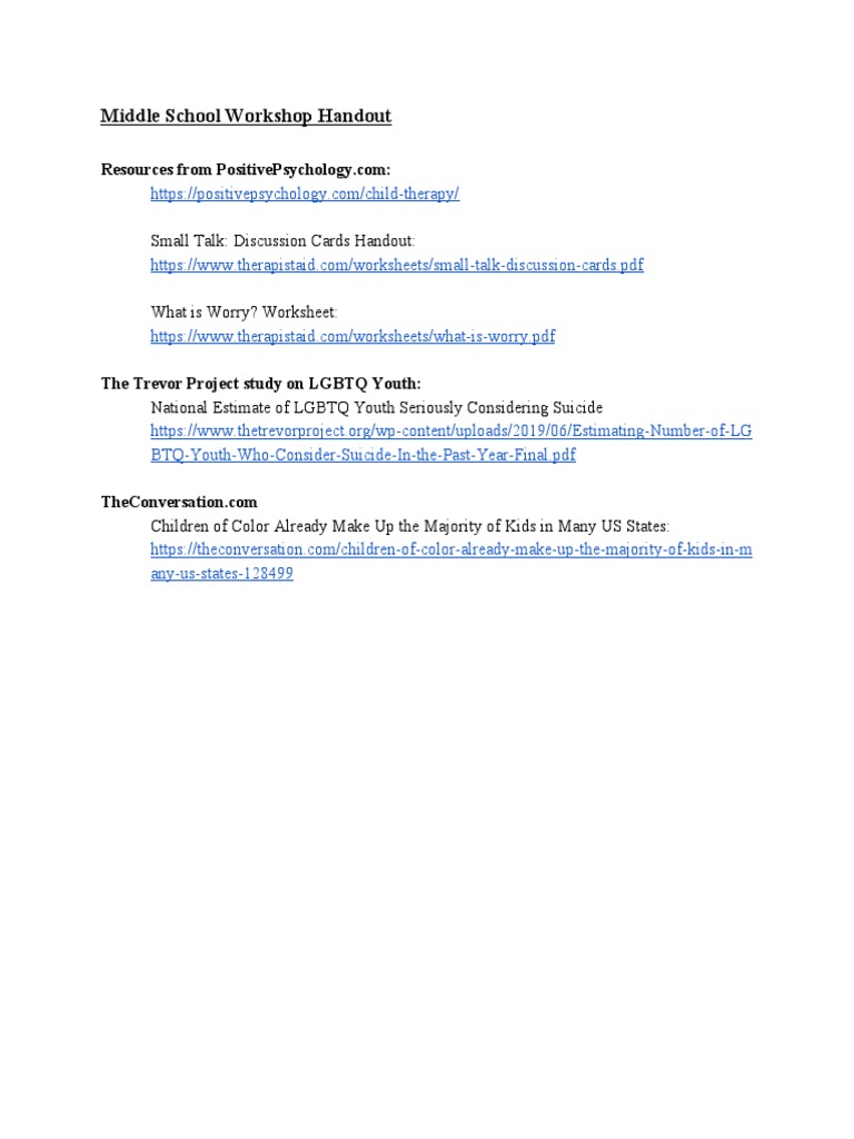 Middle School Workshop Handout: Small Talk: Discussion Cards Handout | PDF