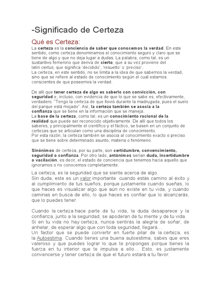 Definición y Significado de Certeza | PDF | Certeza | Autoestima