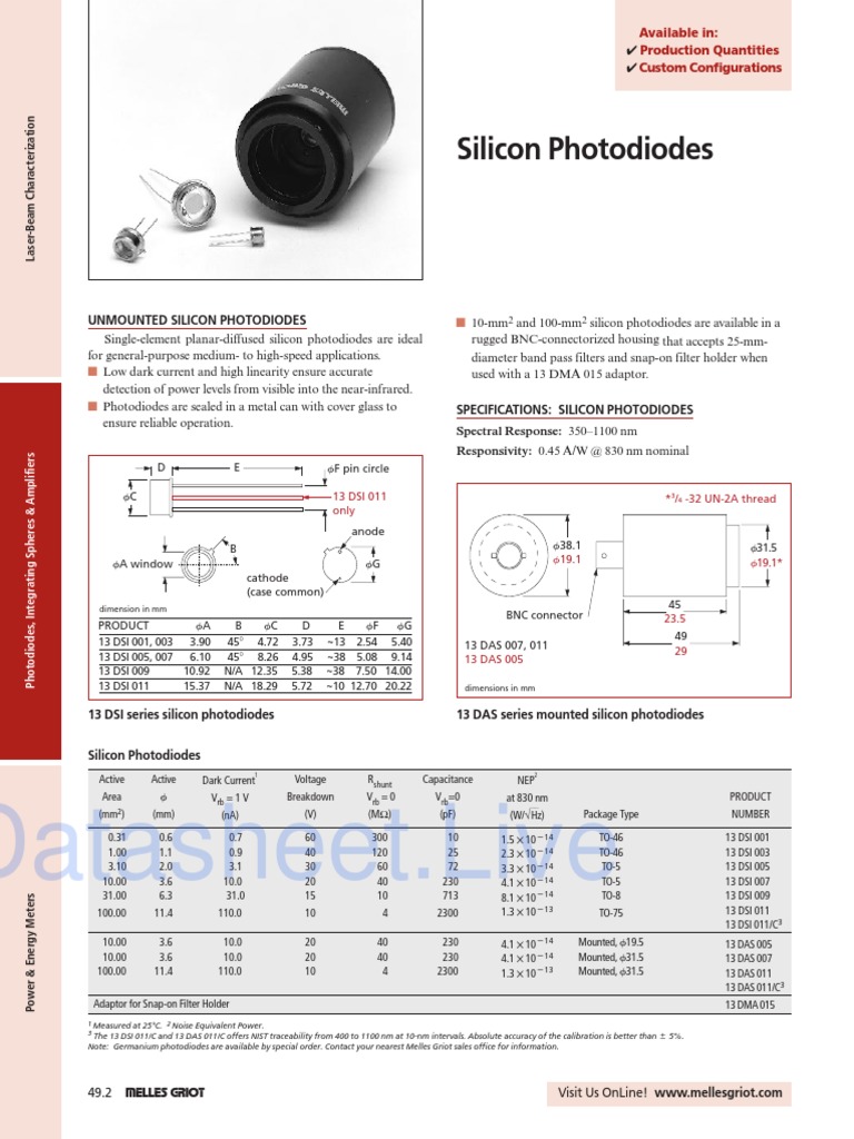 13DSI003 - Silicon Photodiodes PDF | PDF | Electronics | Electromagnetism