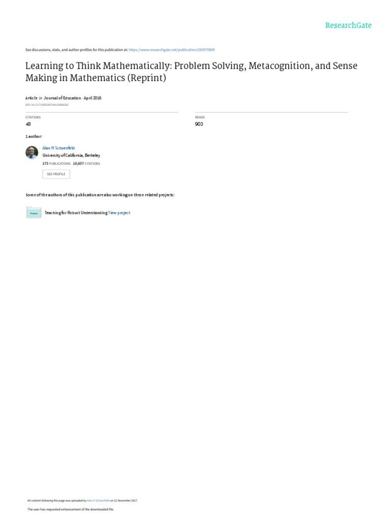 Learning To Think Mathematically Problem Solving, Metacognition, and