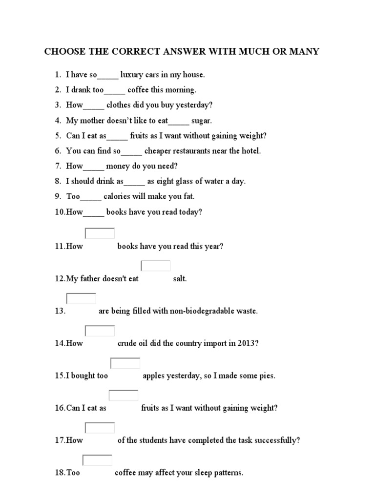 Much vs. Many Exercises with Answers | PDF