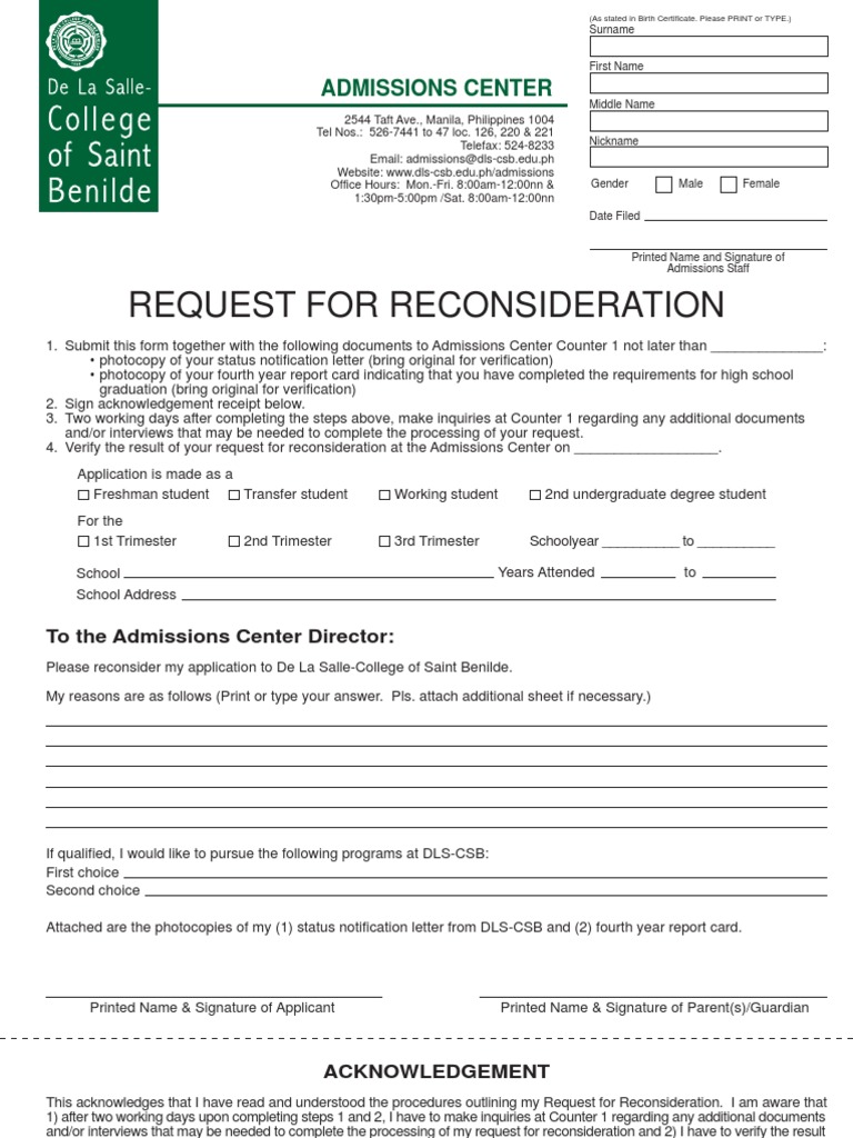 DLSU Reconsideration Request Form | PDF | University And College Admission