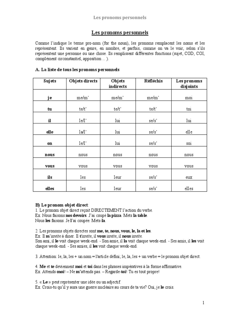 Exercices sur les pronoms personnels | PDF | Pronom | Syntaxe