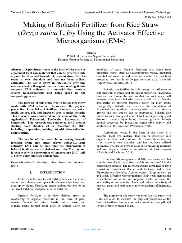Making of Bokashi Fertilizer From Rice Straw (Oryza Sativa L.) by Using
