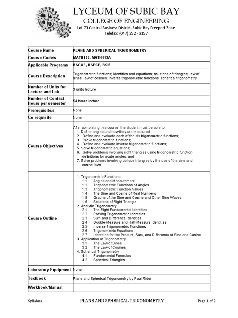 Plane and Spherical Trigonometry Syllabus | PDF | Trigonometric ...