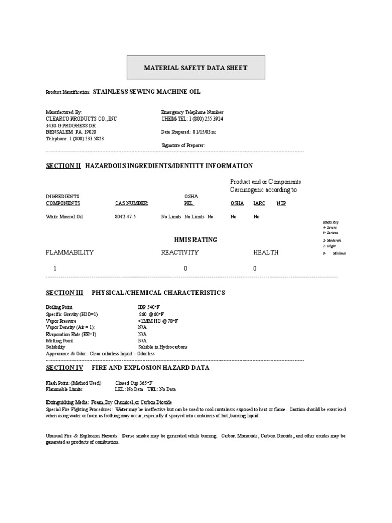 Sewing Machine Oil MSDS PDF PDF Materials Nature