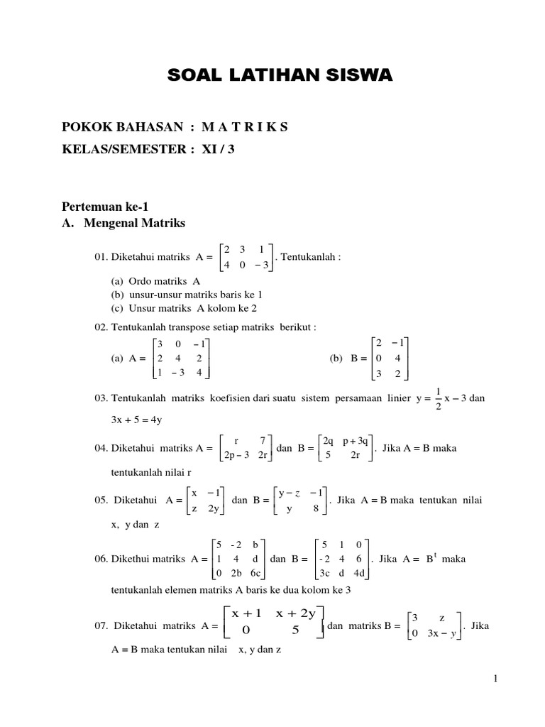 Soal Matriks Kelas 11 dan Jawabannya | PDF